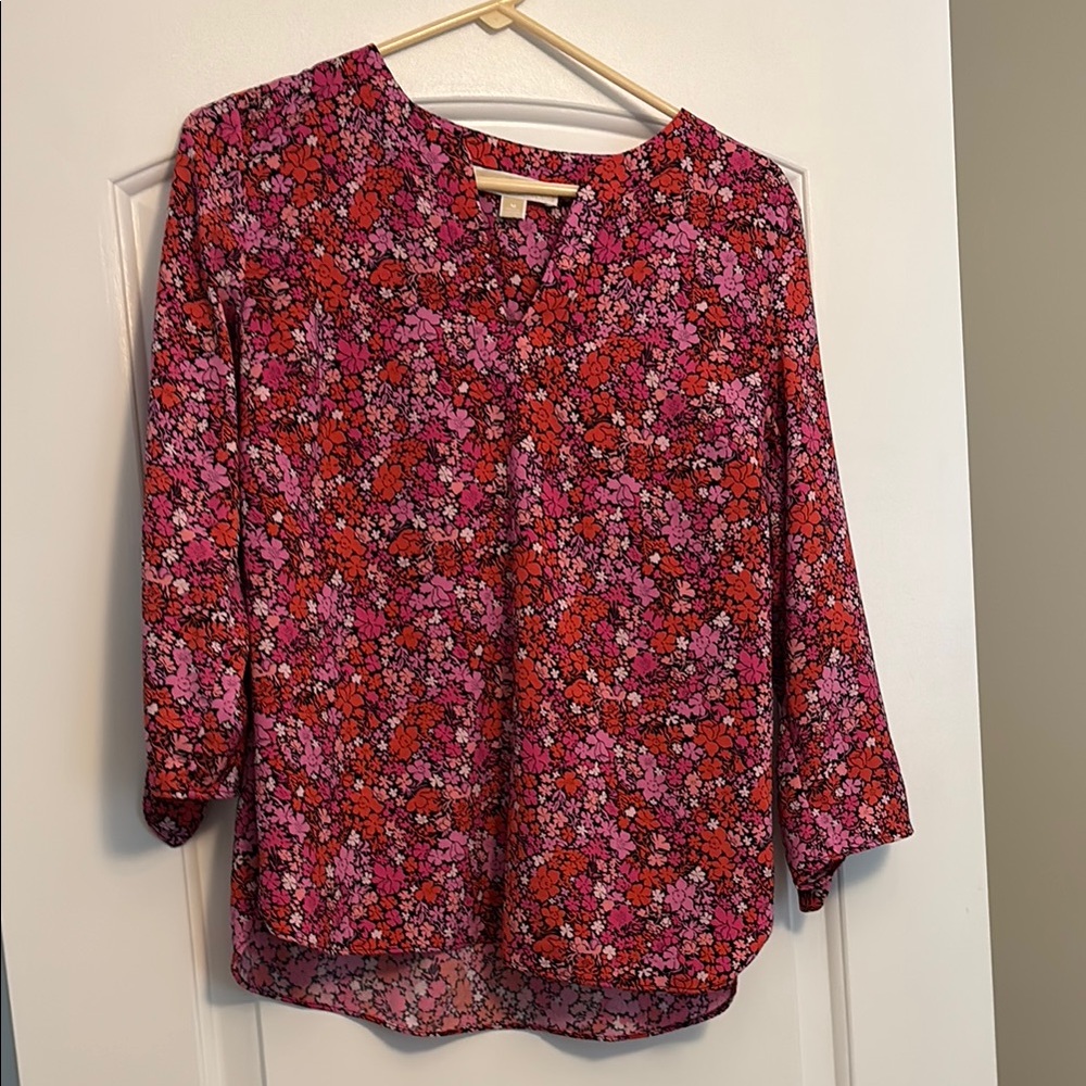 Michael Kors Red Relaxed Blouse with Mandarin Collar